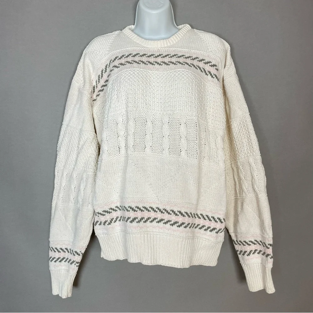 Vintage 90s Sweater Striped Cottagecore Women Size Large‎ White Cream Angelcore